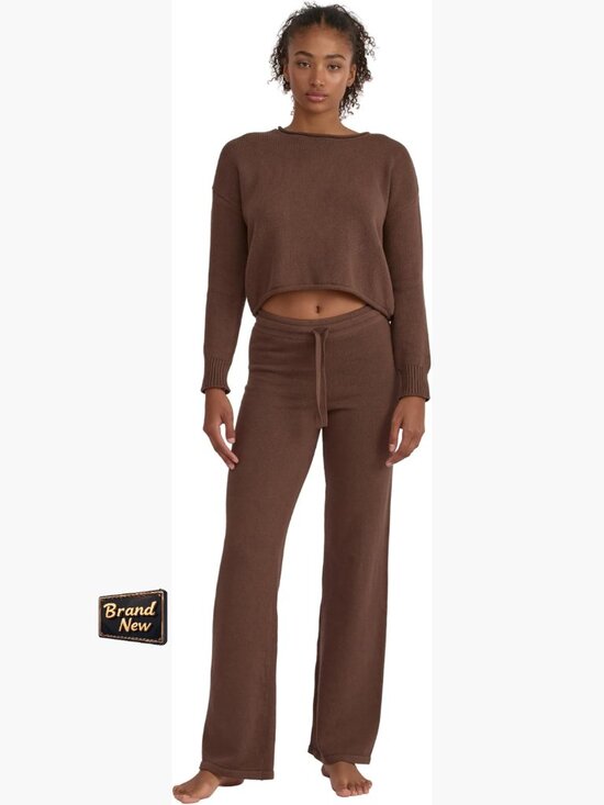 Pants - Wide Leg Knit Pants High Waisted Organic Cotton Drawstring